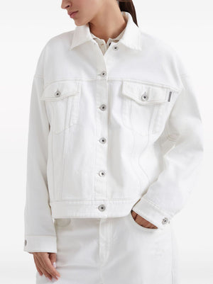 BRUNELLO CUCINELLI White Stretch-Cotton Denim Jacket with Signature Monili Chain Detail for Women - SS24