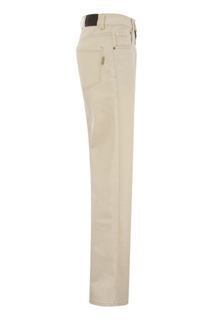 BRUNELLO CUCINELLI Beige Loose Trousers in Comfort Denim with Shiny Detail for Women