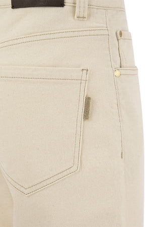 BRUNELLO CUCINELLI Beige Loose Trousers in Comfort Denim with Shiny Detail for Women