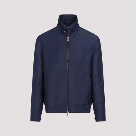 BRUNELLO CUCINELLI Navy Blue Linen-Wool Blend Spread Collar Jacket for Men