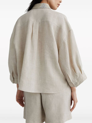 BRUNELLO CUCINELLI Beige Oversized Linen Shirt with Floral Embroidered Collar for Women