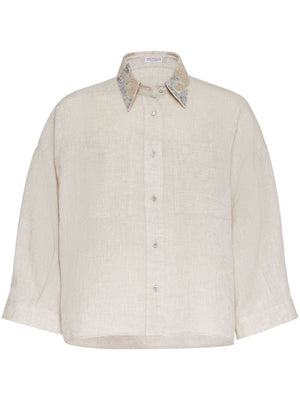 BRUNELLO CUCINELLI Beige Oversized Linen Shirt with Floral Embroidered Collar for Women