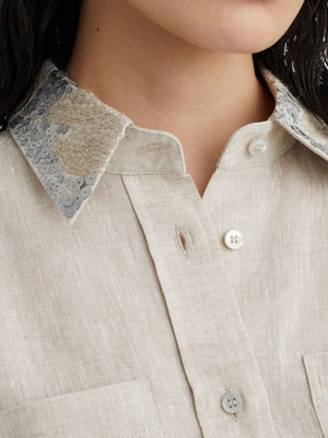 BRUNELLO CUCINELLI Beige Oversized Linen Shirt with Floral Embroidered Collar for Women