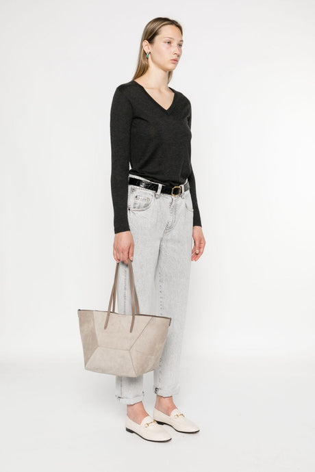 BRUNELLO CUCINELLI Elegant Taupe Grey Leather Shopper with Monili Chain Detail