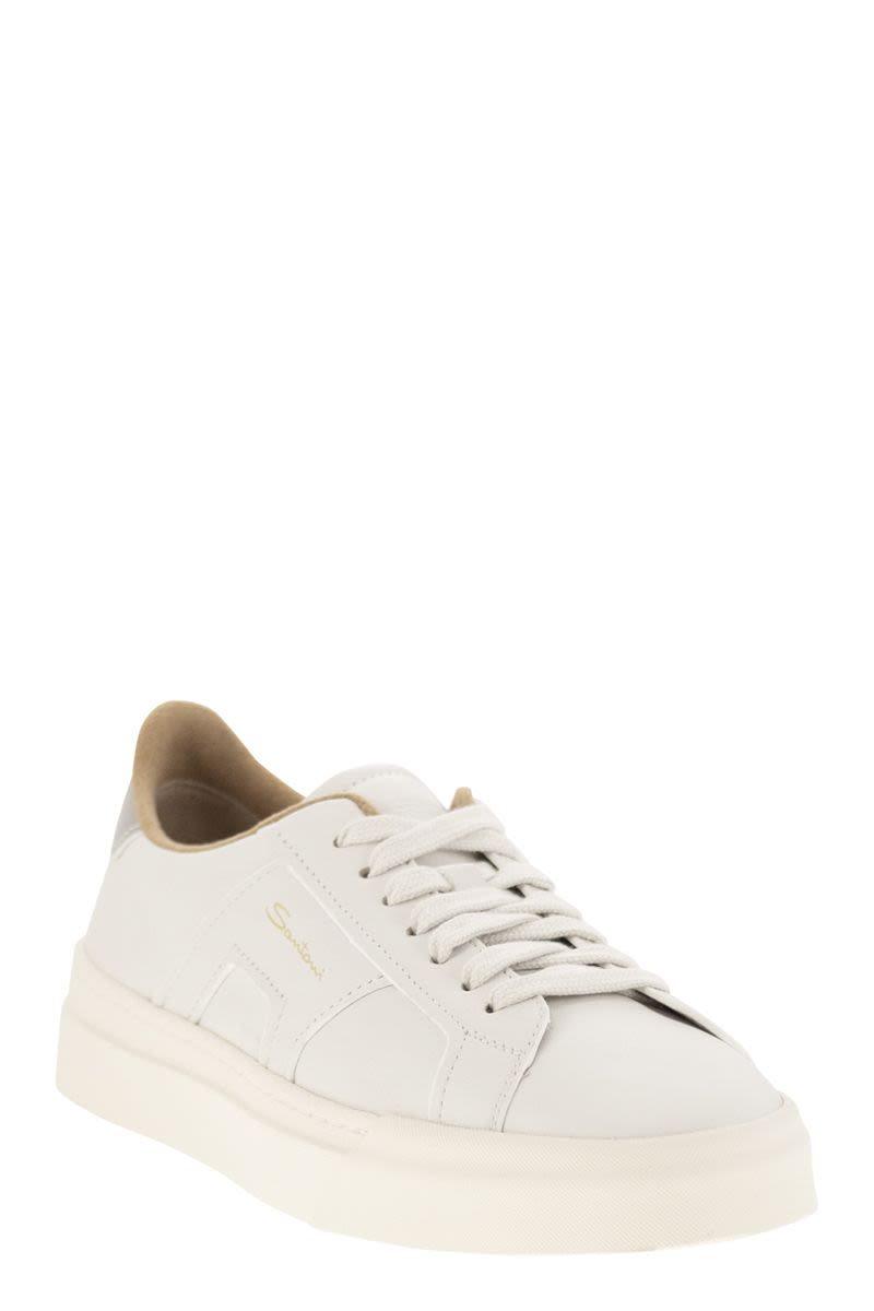 SANTONI Double Buckle Tumbled Leather Low Top Sneakers