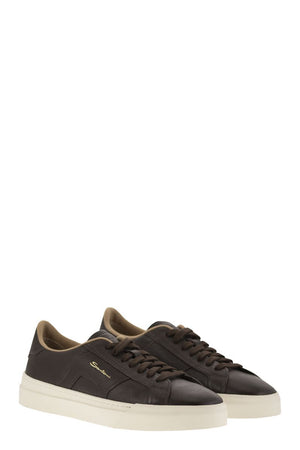 SANTONI Double Buckle Tumbled Leather Low Top Trainer