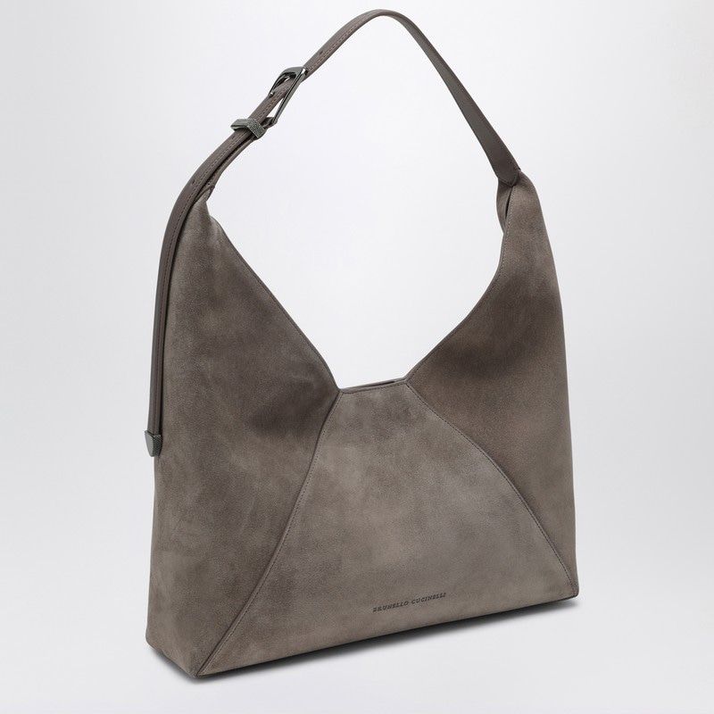 BRUNELLO CUCINELLI DUO Grey Suede Hobo Handbag