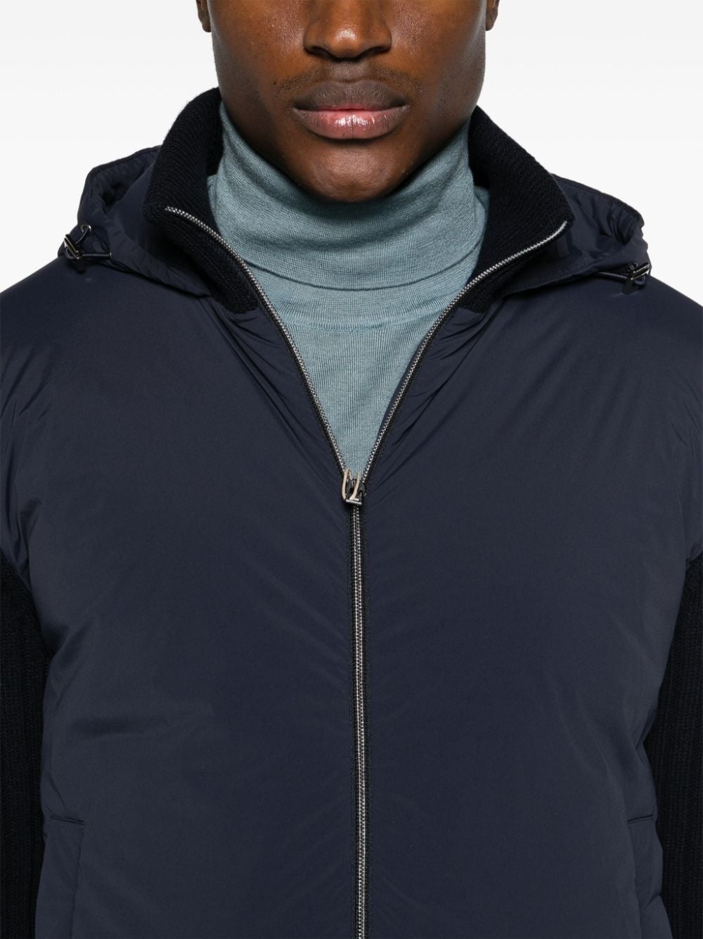 HERNO Midnight Blue Wool-Knit Down Jacket with Drawstring Hood