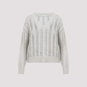 BRUNELLO CUCINELLI Elegant Wool-Mohair V-Neck Sweater with Mesh Design