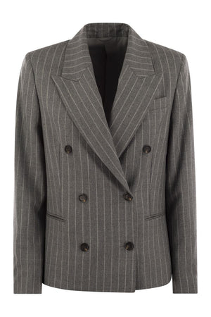 BRUNELLO CUCINELLI Elegant Pinstripe Wool Jacket with Beaded Collar Detail