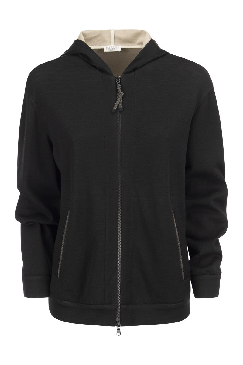 BRUNELLO CUCINELLI Elegant Black Cotton-Silk Zip Hoodie with Monili Detail