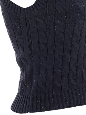 Navy Dazzling Cable Knit Top for Women from Designer Brunello Cucinelli