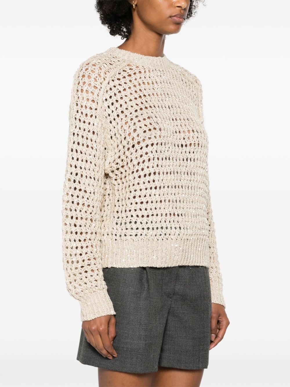 BRUNELLO CUCINELLI Elegant Sand Beige Crewneck Sweater with Sequin Details