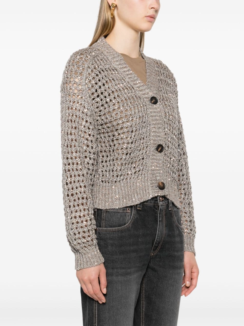 BRUNELLO CUCINELLI Sequined Silk Knit Cardigan in Grey and Gold