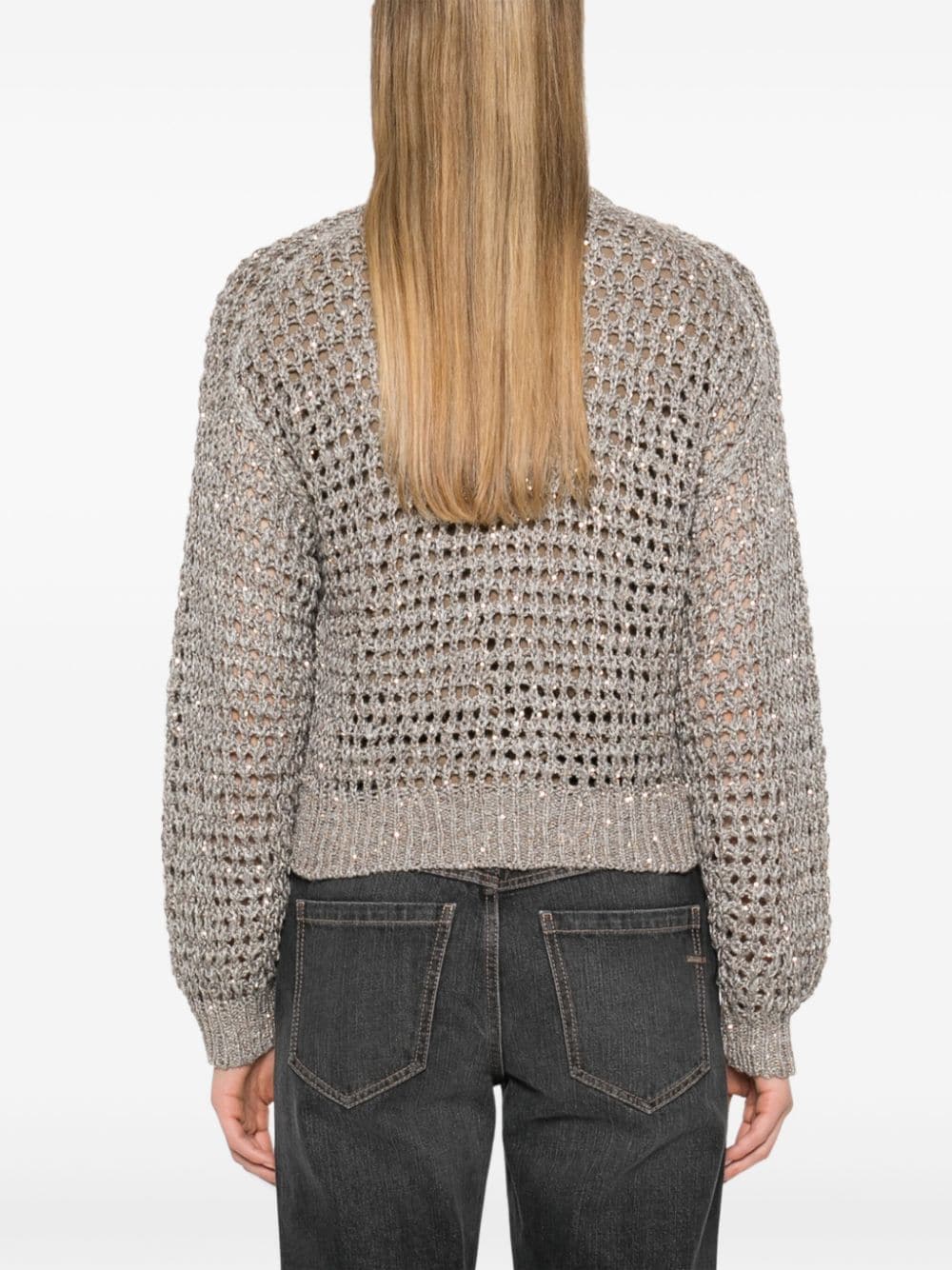 BRUNELLO CUCINELLI Sequined Silk Knit Cardigan in Grey and Gold