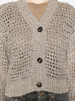 BRUNELLO CUCINELLI Sequined Silk Knit Cardigan in Grey and Gold