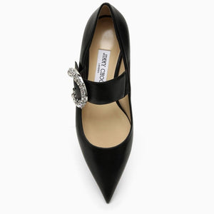 JIMMY CHOO Black Leather Pointed Toe Ballerina with Crystal Buckle