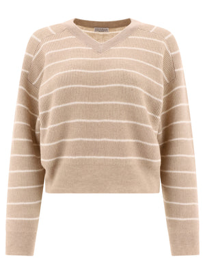 BRUNELLO CUCINELLI Striped English Rib Knit Sweater with Sparkle Detail