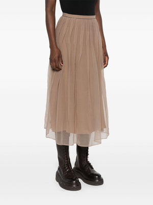 BRUNELLO CUCINELLI Elegant Coffee Brown Silk Midi Skirt