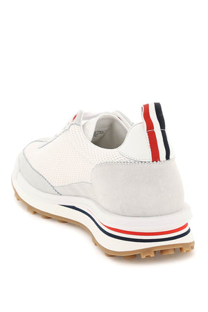 THOM BROWNE MENS TRICOLOR TECH RUNNER SNEAKERS IN MESH AND SUEDE