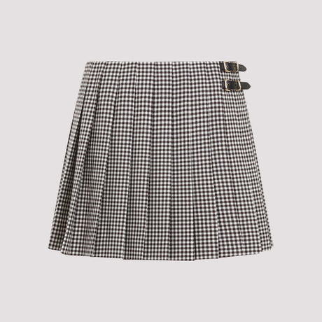 MIU MIU Elegant Brown Mini Skirt in 100% Wool with Leather Trim