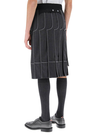 THOM BROWNE Men's Melange Wool Twill Pleated Midi Skirt in Grey