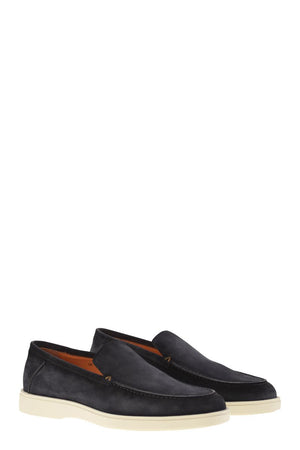 SANTONI Suede Moccasin with Iconic Orange Accent