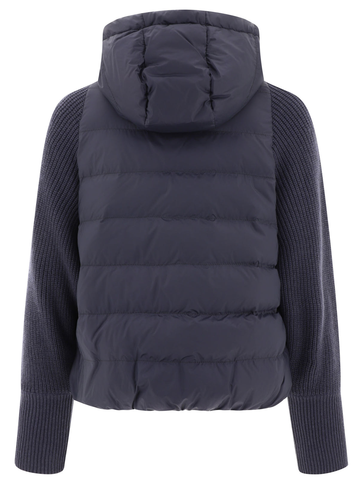 BRUNELLO CUCINELLI Blue Down Jacket with Monili, Knit Hood and Sleeves for Women