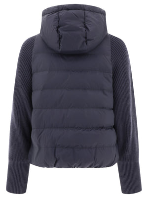 BRUNELLO CUCINELLI Blue Down Jacket with Monili, Knit Hood and Sleeves for Women