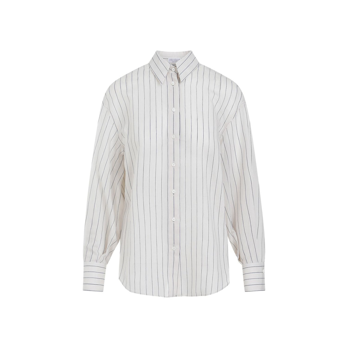 BRUNELLO CUCINELLI Sparkling Stripe Cotton-Silk Poplin Shirt with Necklace