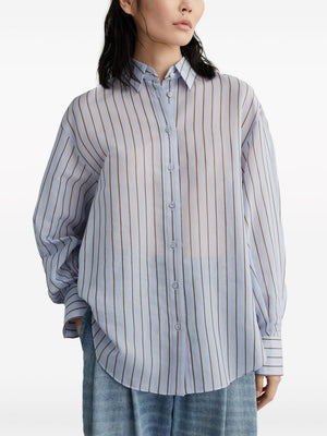 BRUNELLO CUCINELLI Sparkling Stripe Cotton-Silk Poplin Shirt with Necklace