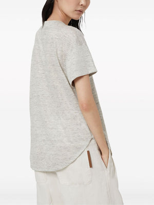 BRUNELLO CUCINELLI Off-White Silk and Linen T-Shirt with Monili Chain Detail