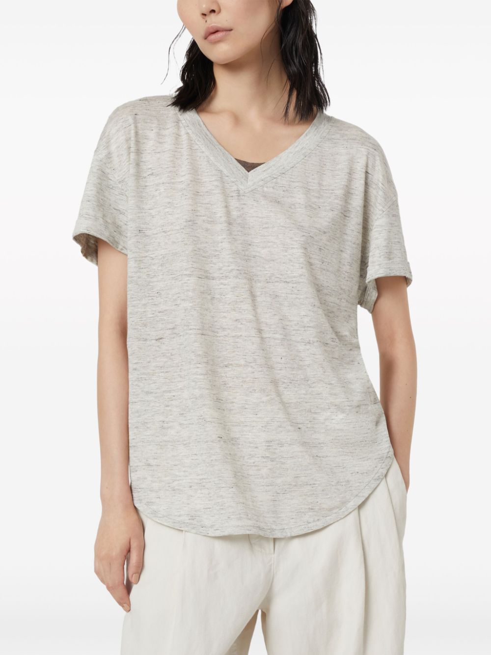 BRUNELLO CUCINELLI Off-White Silk and Linen T-Shirt with Monili Chain Detail