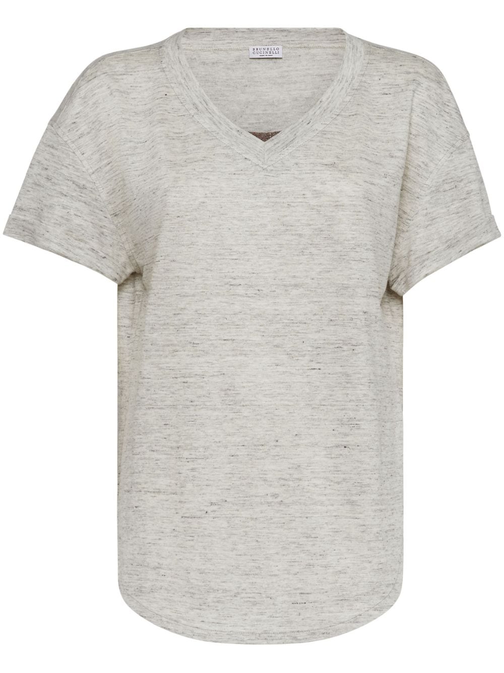 BRUNELLO CUCINELLI Off-White Silk and Linen T-Shirt with Monili Chain Detail