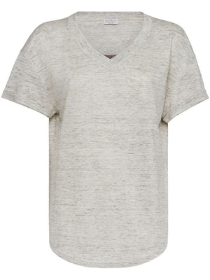 BRUNELLO CUCINELLI Off-White Silk and Linen T-Shirt with Monili Chain Detail