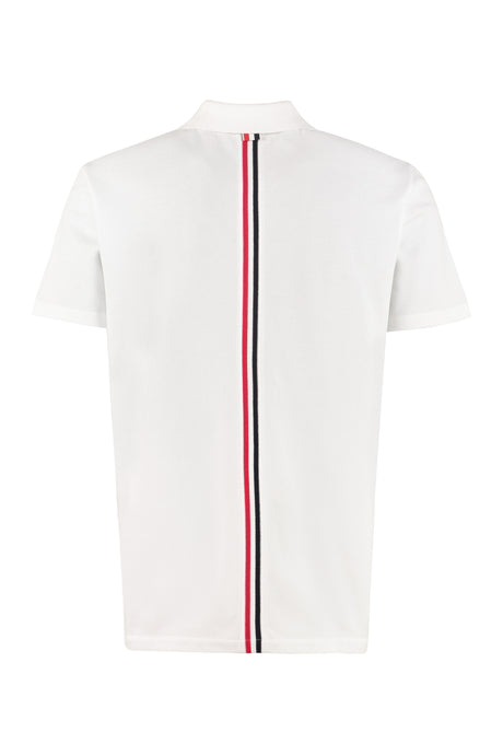 THOM BROWNE White Short-Sleeved Cotton Polo Shirt for Men with Back Tricolor Detail and Asymmetric Hem