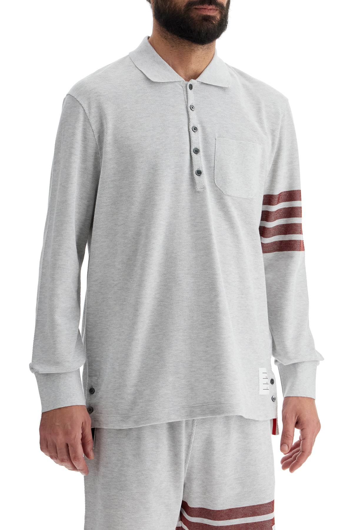 THOM BROWNE Lightweight Long-Sleeved Polo with 4-Bar Detail - Regular Fit