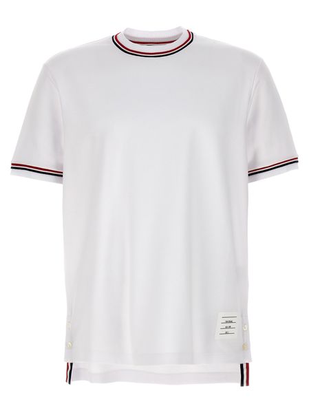 THOM BROWNE Men's White Asymmetric Hem T-Shirt with Tricolor Detail and Contrasting Trimmings