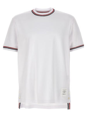 THOM BROWNE Men's White Asymmetric Hem T-Shirt with Tricolor Detail and Contrasting Trimmings