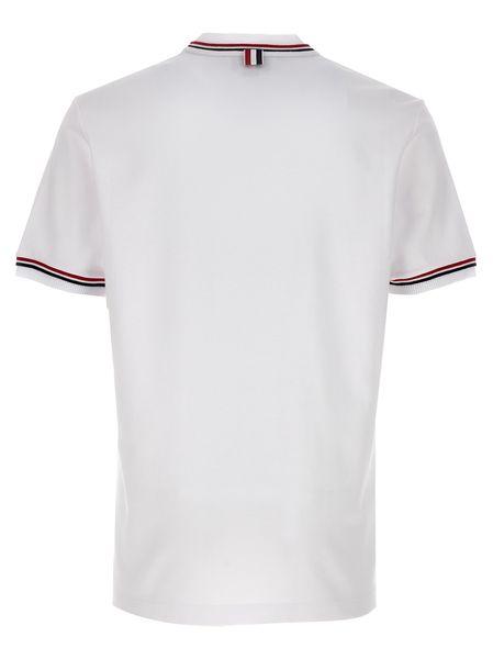 THOM BROWNE Men's White Asymmetric Hem T-Shirt with Tricolor Detail and Contrasting Trimmings