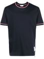 THOM BROWNE Blue Cotton Crew-Neck T-Shirt with Contrasting Trimmings and Tricolor Detail