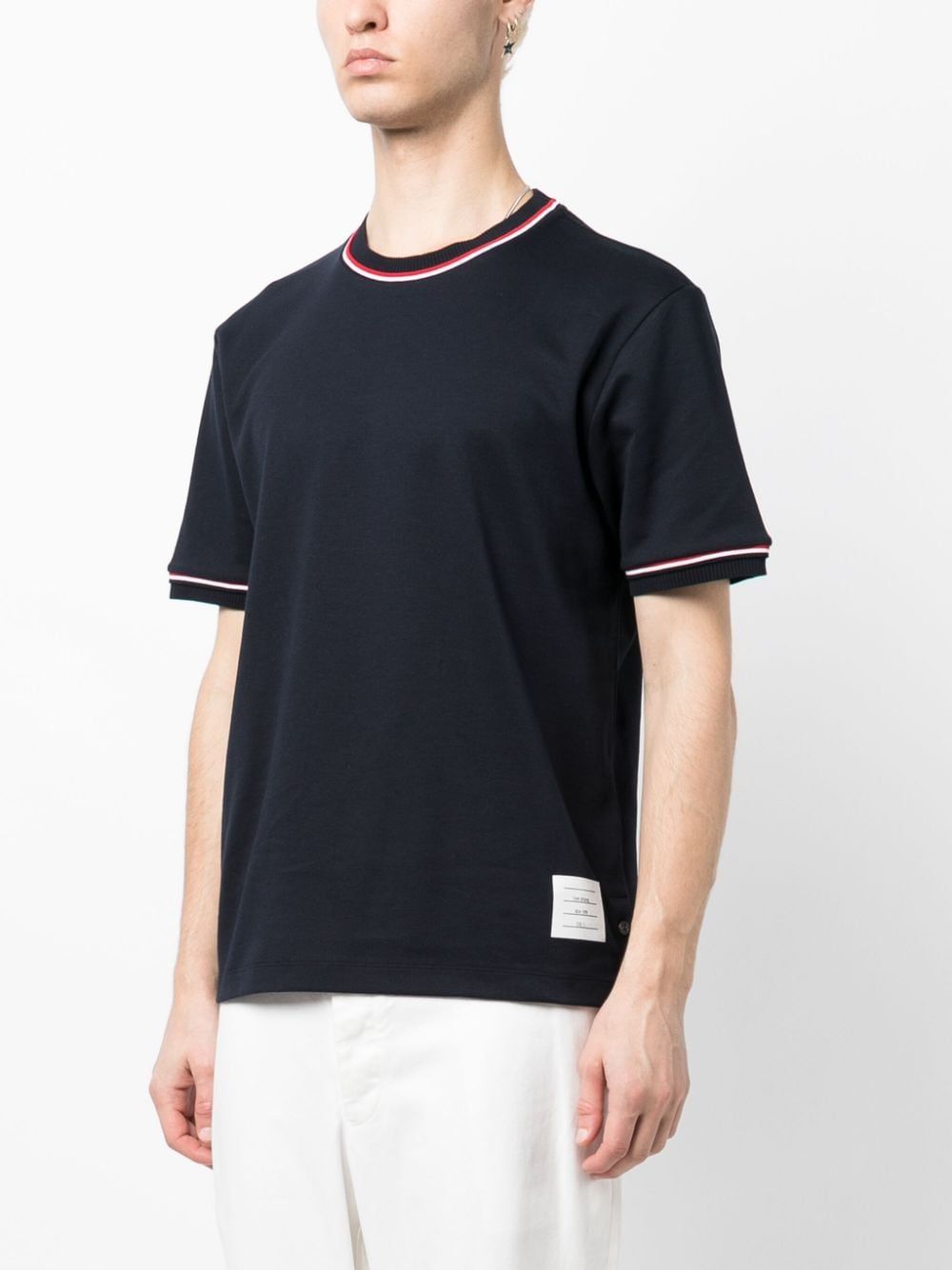 THOM BROWNE Blue Cotton Crew-Neck T-Shirt with Contrasting Trimmings and Tricolor Detail