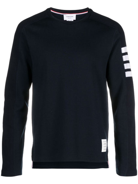 THOM BROWNE Navy Blue Cotton 4-Bar Stripe Crewneck Sweater