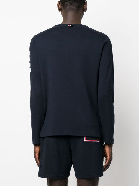 THOM BROWNE Navy Blue Cotton 4-Bar Stripe Crewneck Sweater