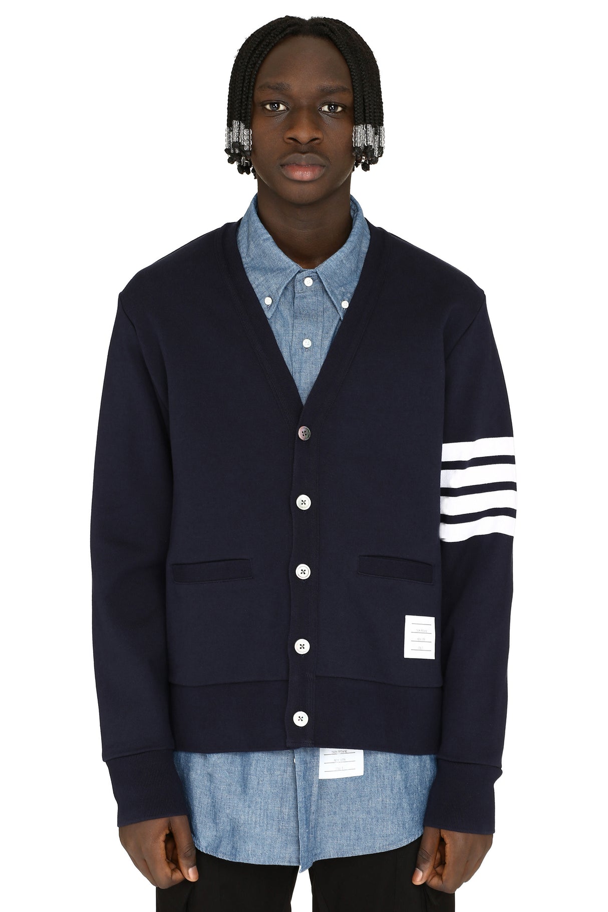 THOM BROWNE Elegant Navy Wool Cardigan for Men