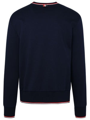 THOM BROWNE Men's Blue Crew-Neck Sweatshirt with Contrasting Trimmings and Ribbed Edges