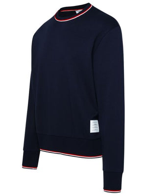 THOM BROWNE Men's Blue Crew-Neck Sweatshirt with Contrasting Trimmings and Ribbed Edges