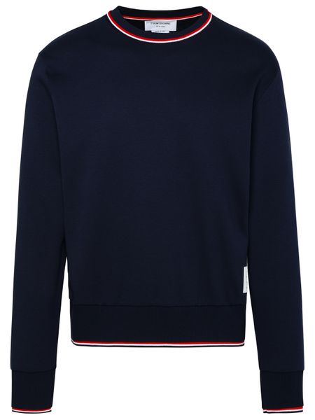 THOM BROWNE Men's Blue Crew-Neck Sweatshirt with Contrasting Trimmings and Ribbed Edges