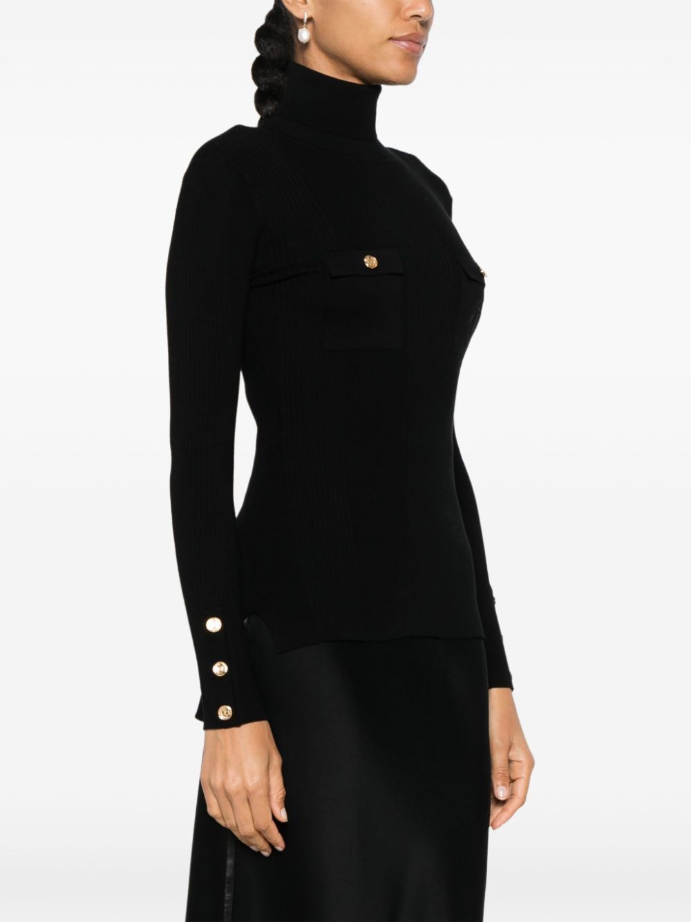 ELISABETTA FRANCHI Narrow Rib Turtleneck Top with Logo Embroidery