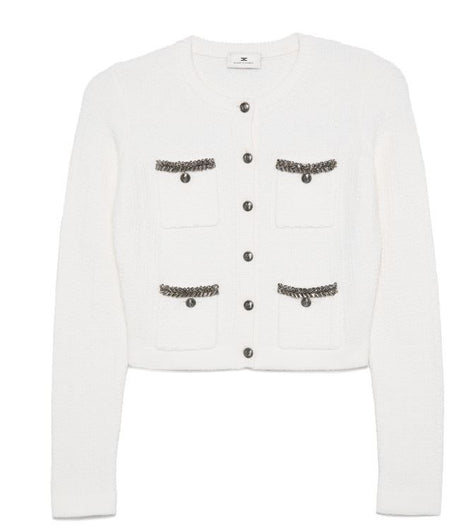 ELISABETTA FRANCHI Embroidered Motif Boucl&eacute; Sweater with Button Fastening - Women's